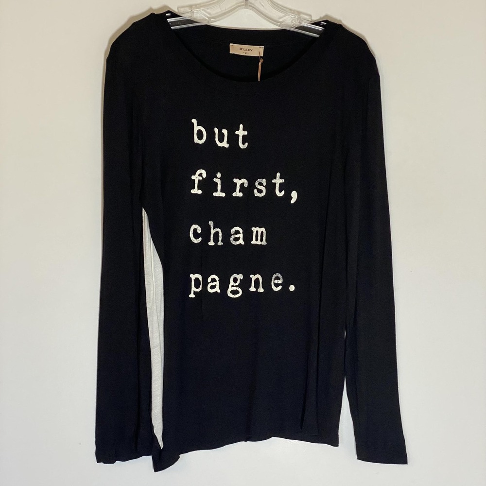 B'Leev Top Womens Medium Black Champagne Graphic Long Sleeve Made USA